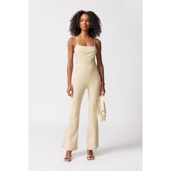 Urban Outfitters Chandler Linen Strappy-Back Jumpsuit Sz Small Cream Retro 70s - Picture 1 of 13